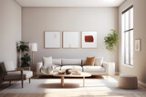 Fototapeta  - image of a minimalist living room with clean lines, neutral palette, and abundant natural light, simplicity, serenity, harmonious design, mindful living, airy atmosphere