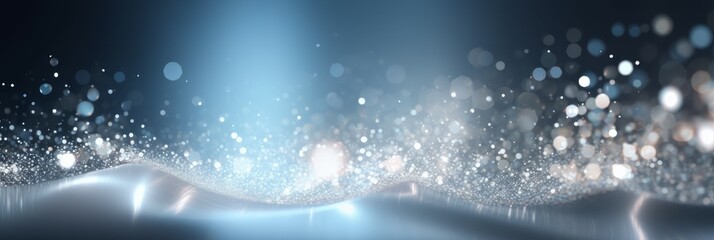 Blue glitter with sparkles. Defocused abstract lights on background. Wedding, Christmas, New Year greeting banner. AI image, digital design.