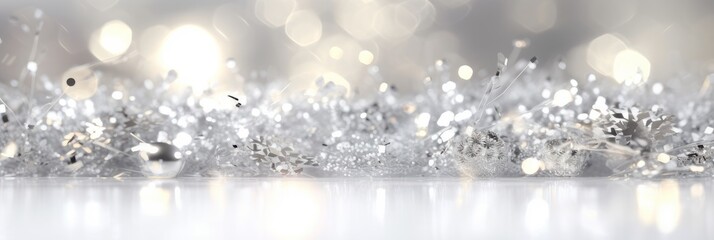 Silver glitter with sparkles. Defocused abstract lights on background. Wedding, Christmas, New Year greeting banner. AI image, digital design.