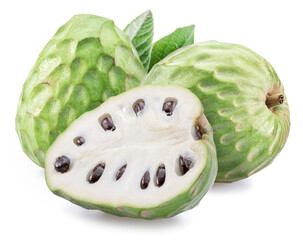 Wall Mural - Custard apples or cherimoya fruits and slice of fruit isolated on white background.