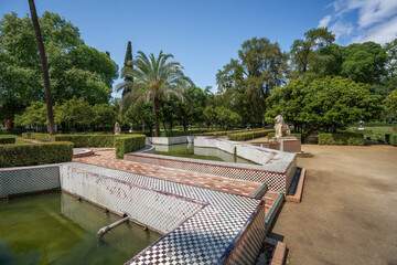 Sticker - Jardin de los Leones Fountain (Lions Garden) at Maria Luisa Park - Seville, Andalusia, Spain