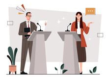Political Debates Concept. Man And Woman Stand Behind Microphone Stands. Pre Election Campaign Of Presidential Candidates. Democracy And Freedom Of Speech. Cartoon Flat Vector Illustration