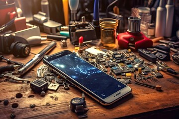 Wall Mural - cellphone repair shop table with smartphone stuff tools equipment photography Generative AI 