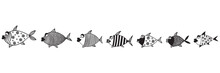 Stylized Fishes. Aquarium Fish. Ornamental Fish. River Fish. Sea Fish. Children's Drawing. Black And White Drawing By Hand. Line Art. Set.