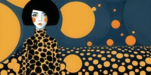 Illustration Minimalist Design Of Cute Girl And Many Yellow Circles Geometrical Atmosphere Blue Background, Dreams Come True - Generative Ai