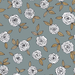 Wall Mural - Floral hand drawn doodle black line art white roses with golden leaves as seamless botanical pattern on grey green background for print, wrapper, cards,invitations.