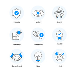 Company Core Value Icons - A Set of High-Quality Hand drawn Style Icons. Integrity, Vision, Growth, Teamwork, Quality, Ideas, Commitment, and more.