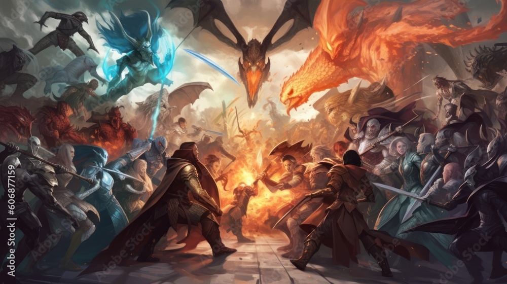 Epic fantasy battle between different races and factions, featuring ...