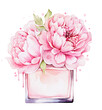 Watercolor illustration of hand painted pink peonies in perfume bottle
