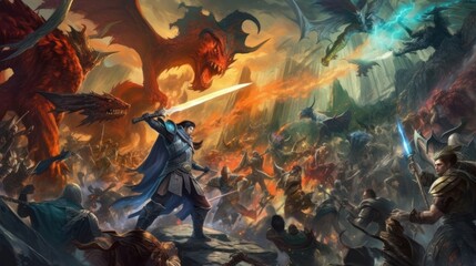 Epic fantasy battle between different races and factions, featuring warriors, mages, and mythical creatures locked in a clash of swords and magic