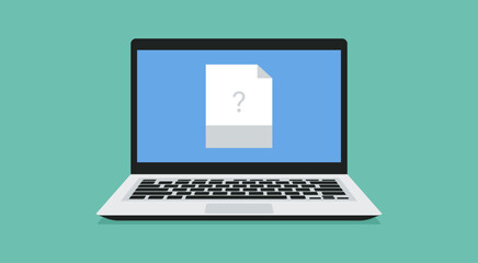 Poster - missing file format icon on laptop screen, vector flat illustration