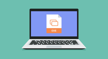 Poster - file format icon with exe label on laptop screen, vector flat illustration