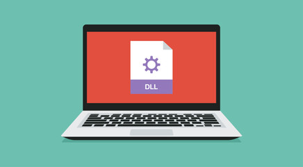 Poster - file format icon with dll label on laptop screen, vector flat illustration
