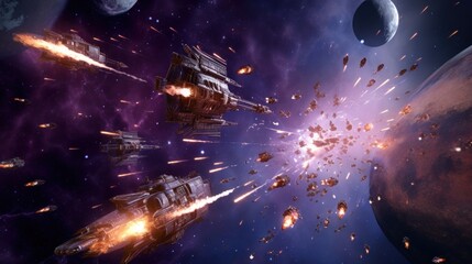epic space battle between starships, with laser beams, explosions, and futuristic weaponry lighting 