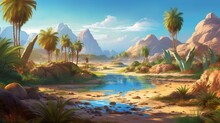Illustrate An Oasis In A Vast Desert, With Palm Trees, Flowing Water, And A Sense Of Tranquility Amidst The Arid Landscape