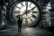© TRINETTE + CHRIS - Man standing in front of a large clock illustrating the passage of time. Generative AI..