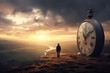 © Trinette Reed - Man standing beside a large clock looking out over view of landscape and nature. Generative AI.