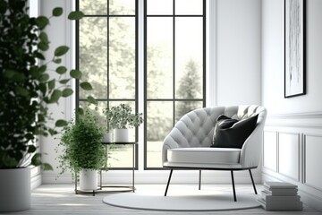 Poster - Model of a chic, white room with a chair and a view of a green environment. Scandinavian style in home decoration. Generative AI