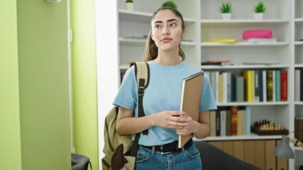 Wall Mural - Young beautiful hispanic woman student smiling confident holding notebook at library university