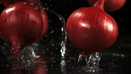 Sticker - Onion falls on the table. Filmed is slow motion 1000 fps. High quality FullHD footage