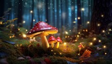 Mystical Fly Agarics Glow In A Mysterious Dark Forest. Fairytale Background For Halloween