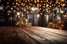 Christmas Background With Blurred Lights And A Table Made Of Dark Wood. Display Mockup For A Product. Generative AI