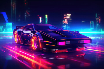 Futuristic sport car with retro design at night city street with neon glowing lights. Cyberpunk background. Created with Generative AI