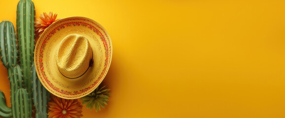 Cinco de Mayo holiday background made from maracas, cactus and hat on yellow background. Generative AI