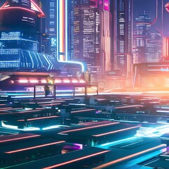 Wall Mural - 1461 Futuristic Cyberpunk City: A futuristic and sci-fi-inspired background featuring a cyberpunk city with neon lights, futuristic skyscrapers, and a high-tech and futuristic ambiance4, Generative AI