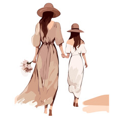 mother daughter walking vector illustration, boho style