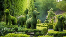 A Garden Filled With Whimsical Green Topiaries Shaped Like Animals And Objects Generative AI