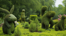 A Garden Filled With Whimsical Green Topiaries Shaped Like Animals And Objects Generative AI