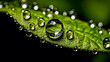 A cluster of water droplets on a green leaf, magnifying the world within each droplet Generative AI