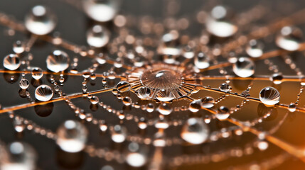 A close-up of water droplets on a spider's web, capturing the intricate symmetry Generative AI