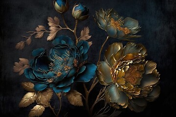 Wall Mural - Subtly textured blue and gold painted flowers dark moody background. Generative AI AIG15.