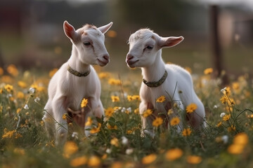 Two little funny baby goats playing in the field with flowers. Farm animals. , Generative AI