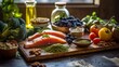 Balanced nutrition concept for clean eating flexitarian mediterranean diet, keto, ketogenic on a wooden kitchen table. Ai Generative.