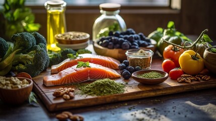 Balanced nutrition concept for clean eating flexitarian mediterranean diet, keto, ketogenic on a wooden kitchen table. Ai Generative.