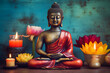 Meditation Buddha statue with candles and lotus. Neural network AI generated art Generative AI