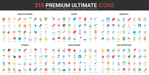 Leinwandbilder - Healthy food, fitness workout and sports, healthcare color flat icons set vector illustration. Abstract symbols of gym equipment and exercises, medical cure simple design for mobile and web apps
