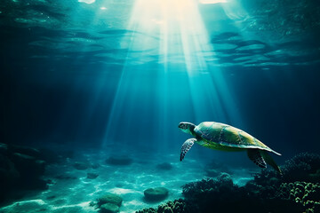 Wall Mural - photo of Sea turtle in the Galapagos island. Neural network AI generated art Generative AI