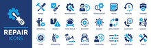 Repair icon set. Containing fix, maintenance, toolbox, assistance, broken, troubleshoot, patch and repairman service icons. Solid icon collection. Vector illustration.
