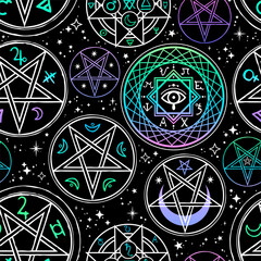 Wall Mural - Seamless pattern of different mystical symbols and circles