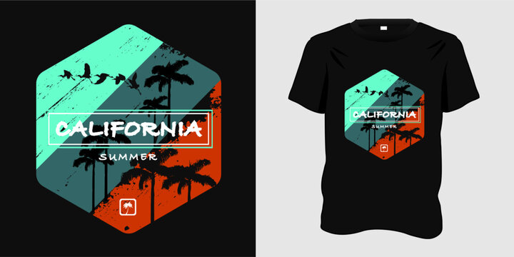 California graphic t-shirt summer design with palm trees, vector illustration, template, global swatches, print, poster