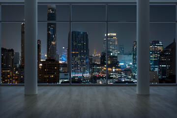 Wall Mural - Empty room Interior Skyscrapers View Bangkok. Downtown City Skyline Buildings from High Rise Window. Beautiful Expensive Real Estate overlooking. Night time. 3d rendering.