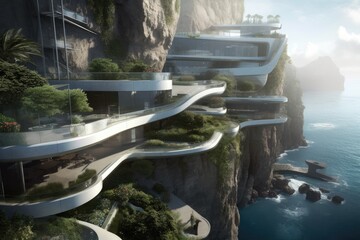 Poster - modern building suspended on the edge of a cliff with a panoramic view of the surroundings Generative AI