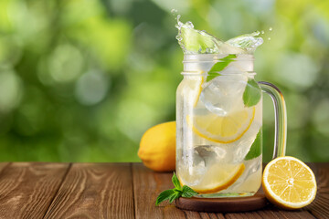 Canvas Print - glass mason jar of lemonade with splash