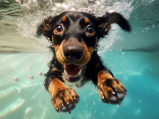 Wall Mural - Dachshund in swimming pool underwater shot - Generative AI