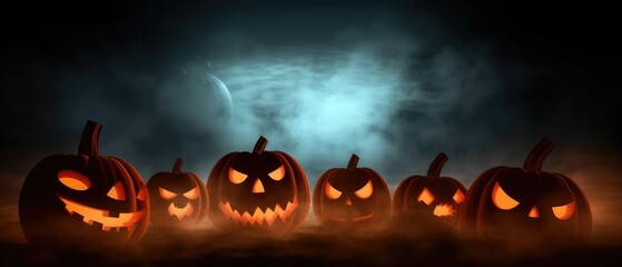 A group of pumpkins with glowing faces in the dark, illuminated by moonlight.