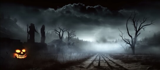 Dark night, foggy and mysterious atmosphere, a dark landscape with scary figures in the background